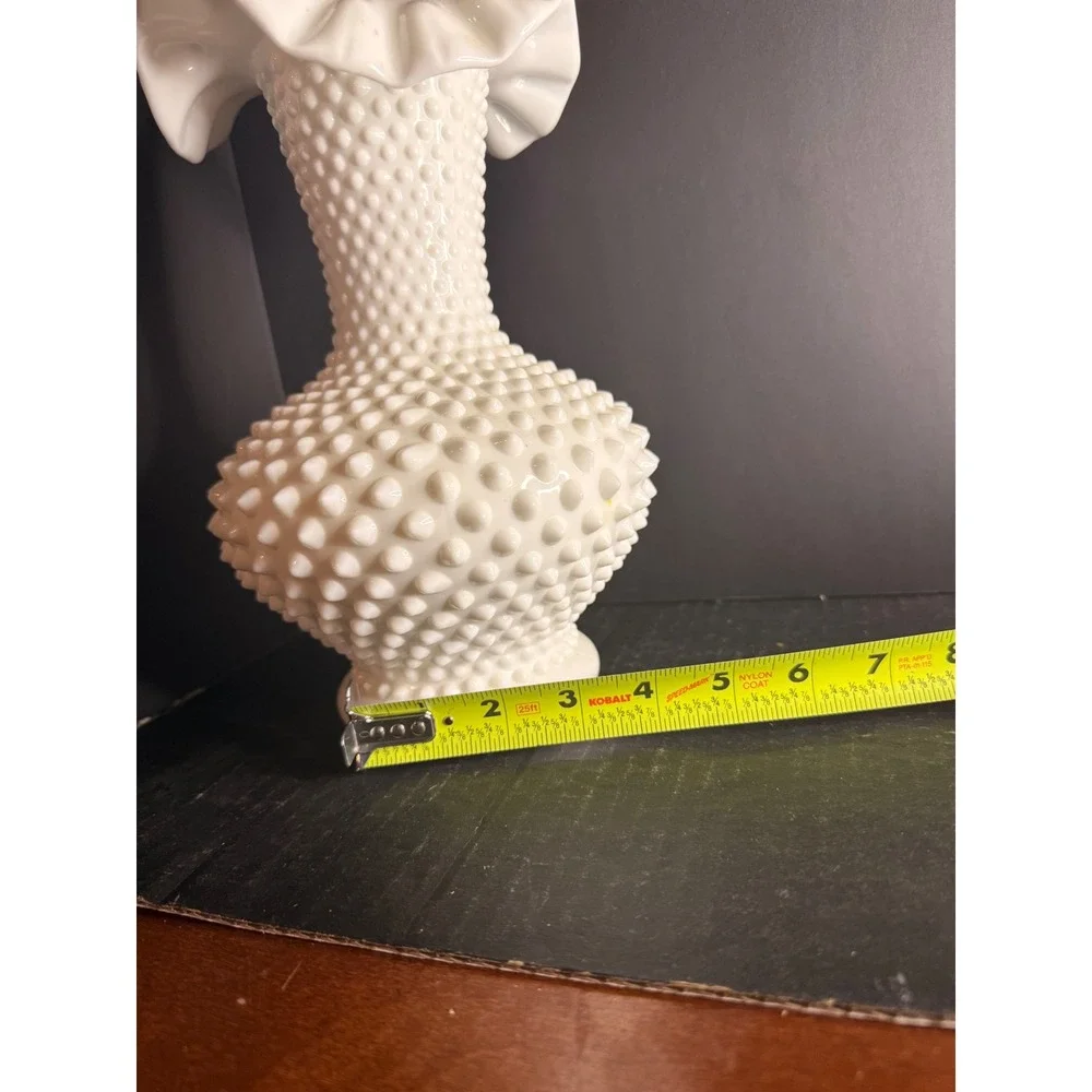 Fenton Milk Glass Hobnail Vase Double Crimped Ruffled Rim Vintage White 9.5 inch